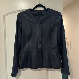 Dark blue leather theory jacket. Peplum style. Size 12